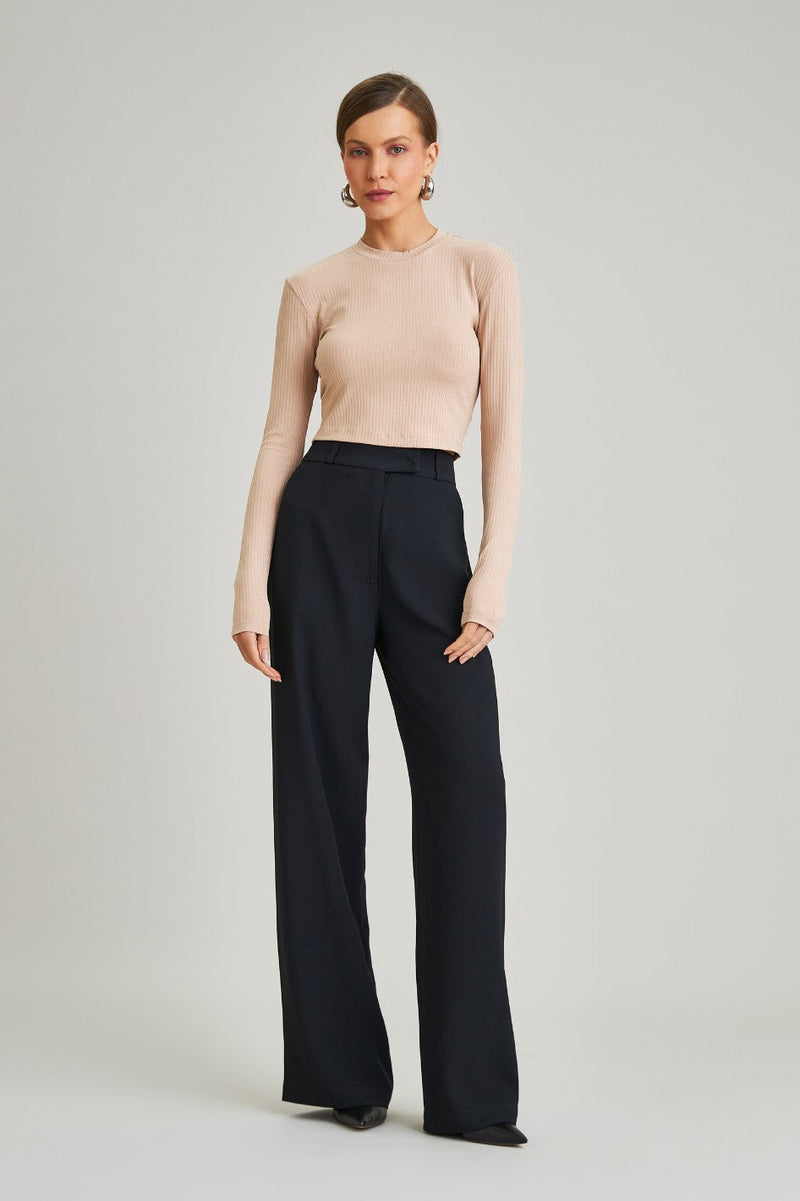 Blusa Canelada Manga Longa Amora Bege