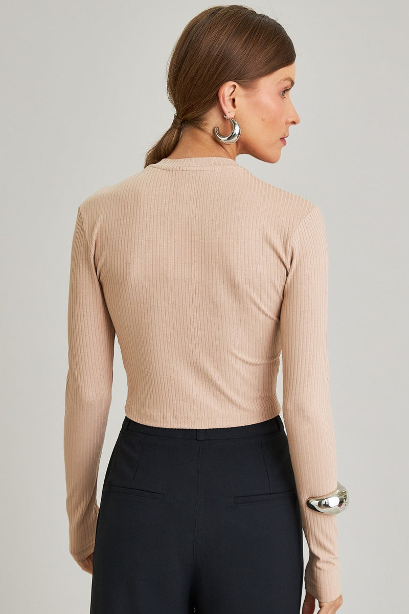 Blusa Canelada Manga Longa Amora Bege