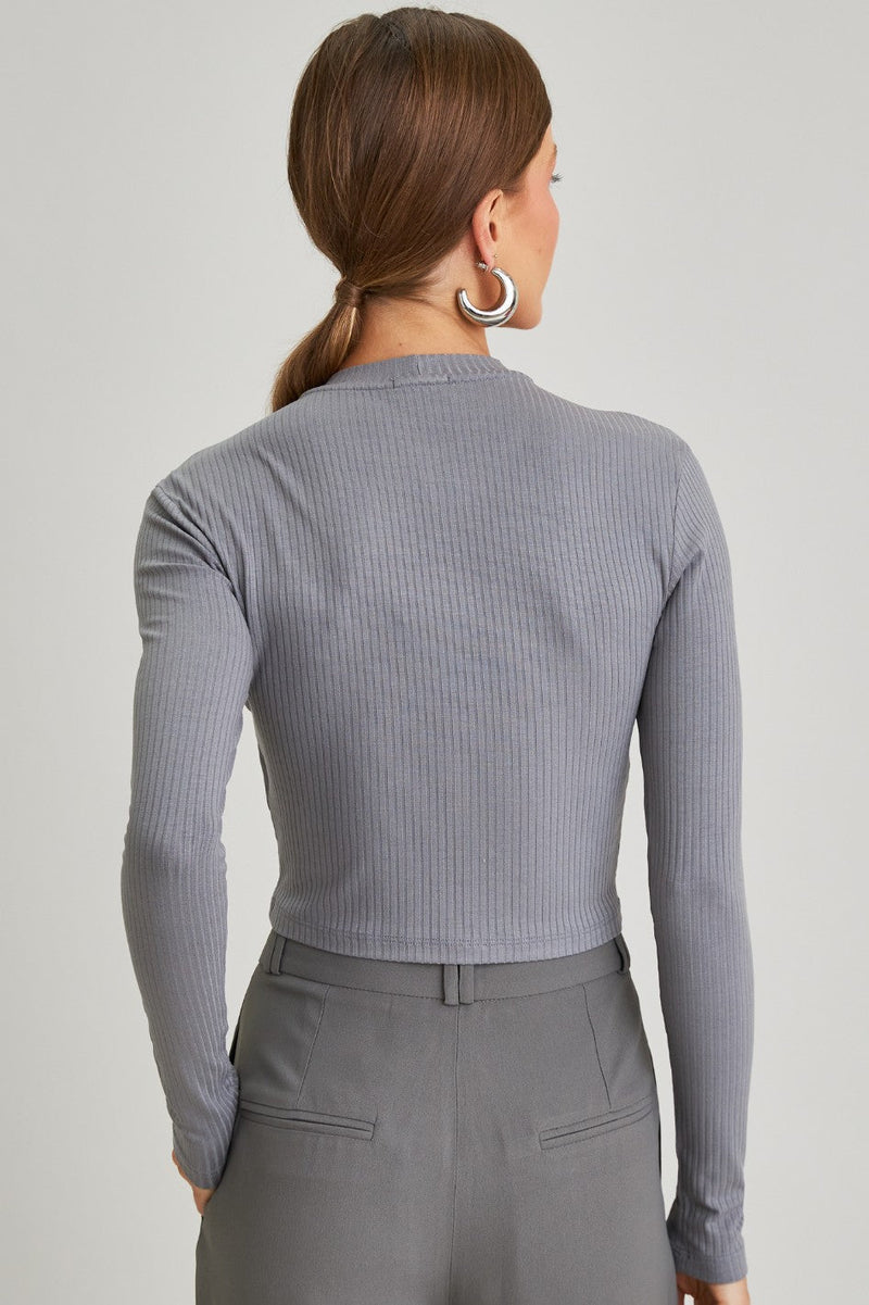 Blusa Canelada Manga Longa Amora Cinza