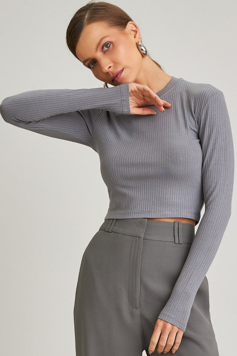 Blusa Canelada Manga Longa Amora Cinza