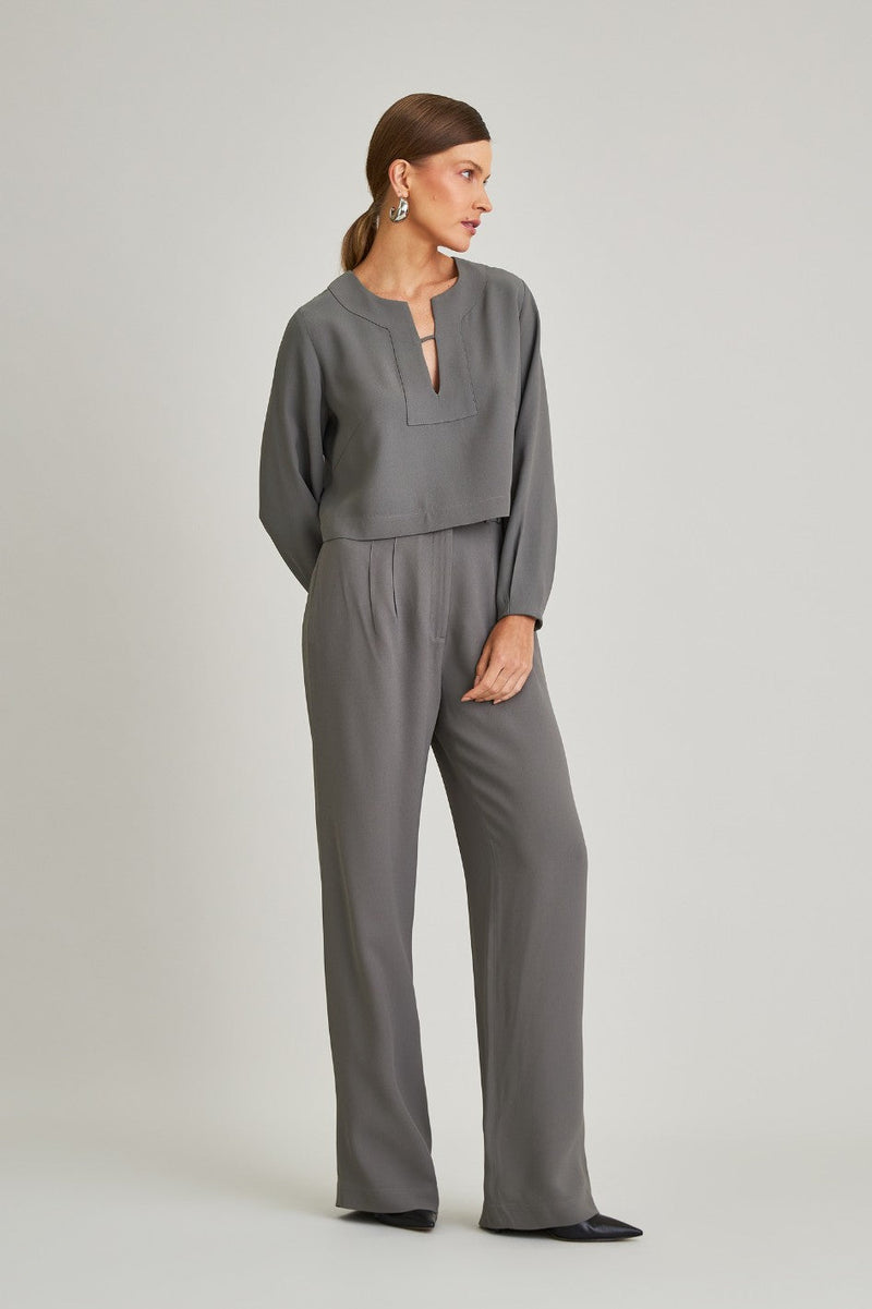 Blusa de Alfaiataria Manga Longa Luciana Cinza