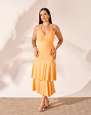 Vestido cropped saia c/2 camadas amarração costas