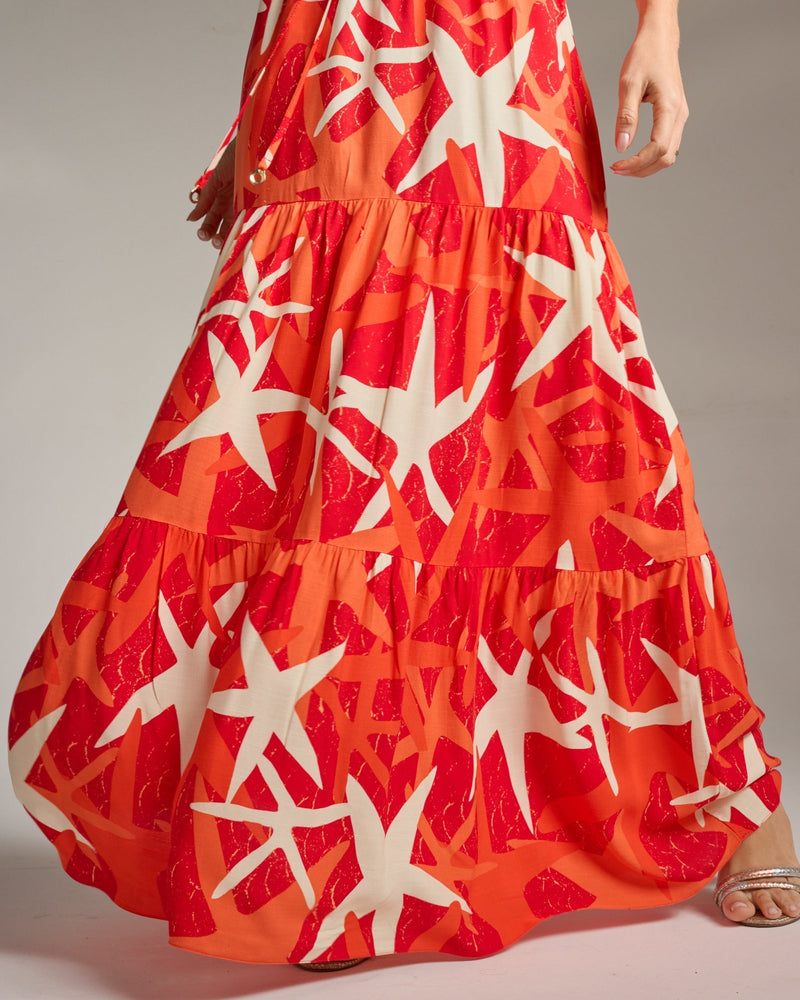 Vestido longo três camadas estampado