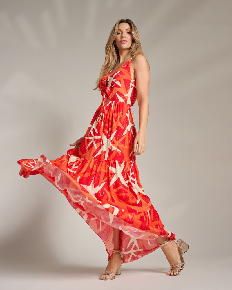 Vestido longo três camadas estampado